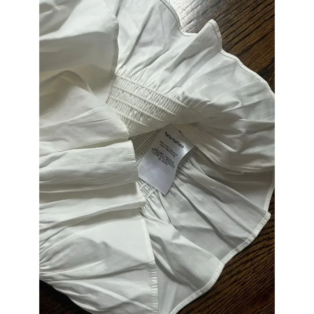 Reformation Darby Top Sz. S White Peplum Puff Sleeves Ruffle Smocked Cotton New